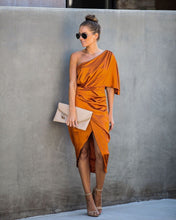 Load image into Gallery viewer, Persimmon One Shoulder Satin Drape Dress
