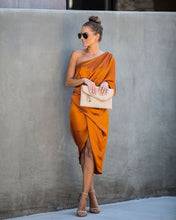 Load image into Gallery viewer, Persimmon One Shoulder Satin Drape Dress