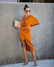 Load image into Gallery viewer, Persimmon One Shoulder Satin Drape Dress