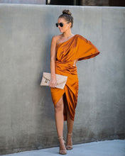 Load image into Gallery viewer, Persimmon One Shoulder Satin Drape Dress