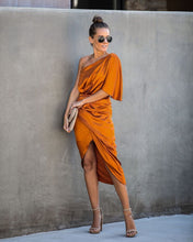 Load image into Gallery viewer, Persimmon One Shoulder Satin Drape Dress