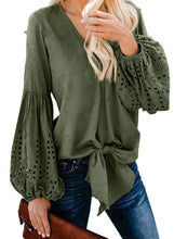 Load image into Gallery viewer, Bohemian Embroidered Balloon Sleeve Bow Tie Blouse