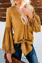 Load image into Gallery viewer, Bohemian Embroidered Balloon Sleeve Bow Tie Blouse