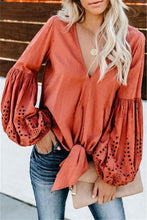 Load image into Gallery viewer, Bohemian Embroidered Balloon Sleeve Bow Tie Blouse