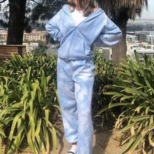 Load image into Gallery viewer, Blue Tie Dye Zip-Up Pockets Long Sleeve Two Piece Set