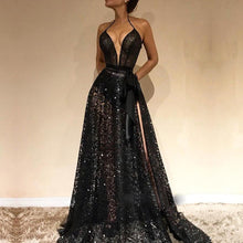 Load image into Gallery viewer, Halter Long Prom Dress Lace Sparkly Black Evening Dress