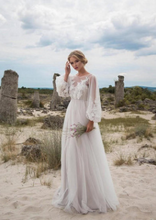 Load image into Gallery viewer, White Patchwork Lantern Sleeve Tulle Wedding Maxi Dress