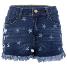 Load image into Gallery viewer, Stars Print Fringe Hem Casual Denim Shorts