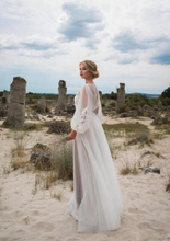 Load image into Gallery viewer, White Patchwork Lantern Sleeve Tulle Wedding Maxi Dress