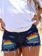 Load image into Gallery viewer, Women's Rainbow Print Ripped Denim Shorts
