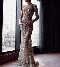 Load image into Gallery viewer, V-neck One Sleeve Glitter Sparkly Party Prom Dress