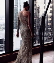 Load image into Gallery viewer, V-neck One Sleeve Glitter Sparkly Party Prom Dress