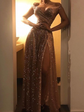 Load image into Gallery viewer, Shoulder Sparkly Gold Sequin Long Prom Dresses