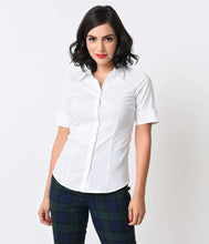 Load image into Gallery viewer, White Collared Short Sleeve Button Up Blouse
