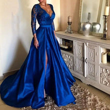 Load image into Gallery viewer, Long Sleeves Plunge Neckline In  Lace Thigh Slit Evening Gown
