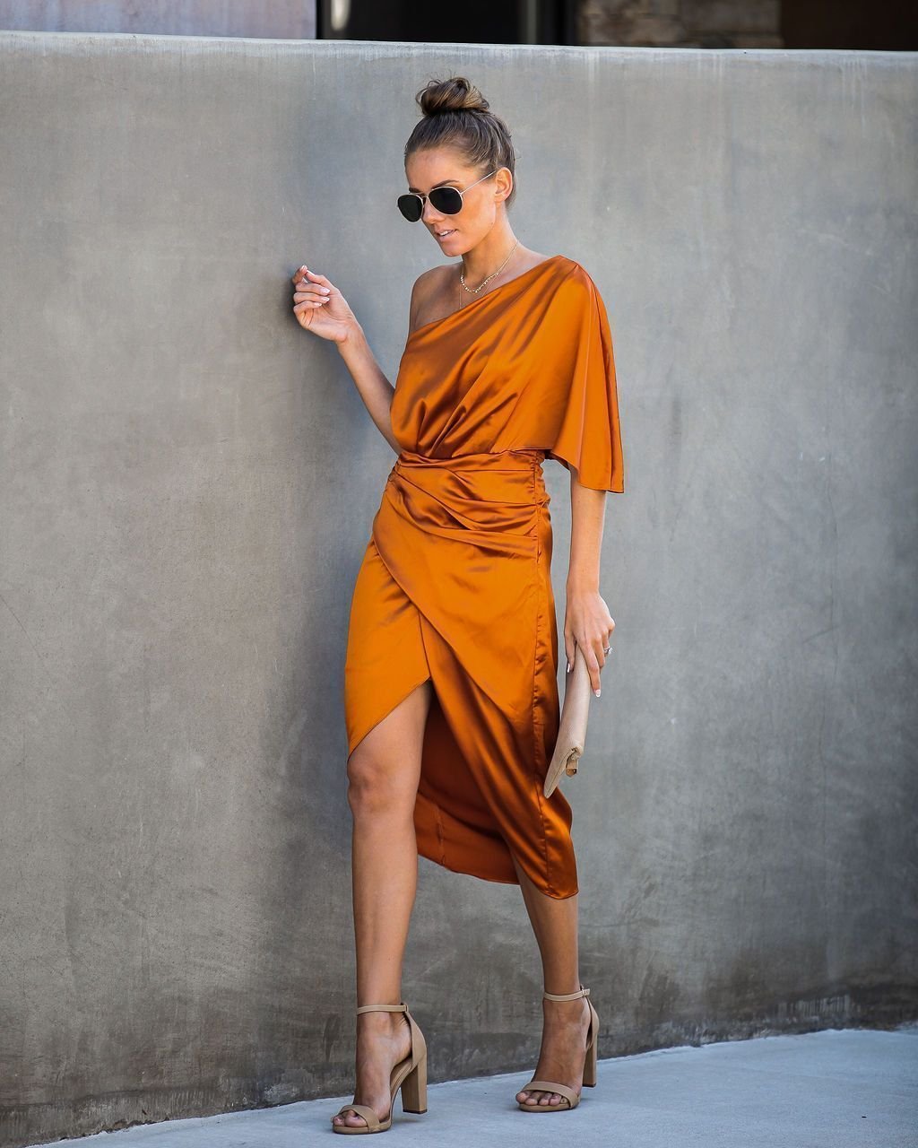 Persimmon One Shoulder Satin Drape Dress