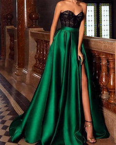 Lace Strapless Green Side-split Evening Dress