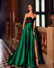 Load image into Gallery viewer, Lace Strapless Green Side-split Evening Dress
