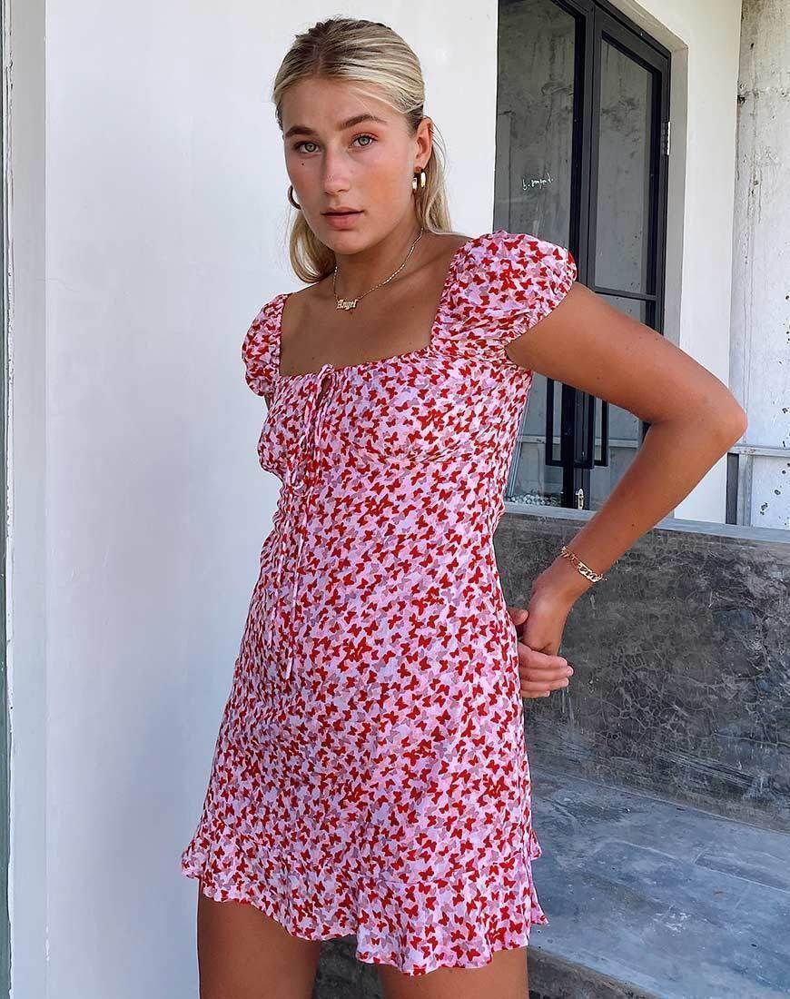Galaca Mini Dress in Ditsy Butterfly Peach and Red by Motel