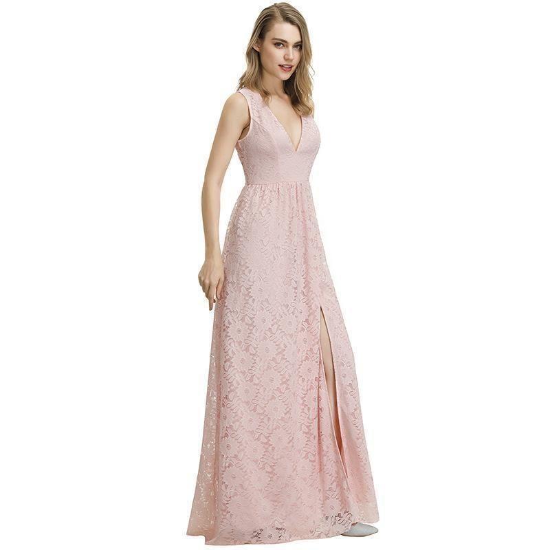 1940s Style Antique Pink Lace Short Sleeved Long Dress