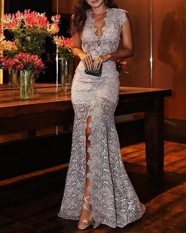 Deep V Lace Sleeveless Split Thigh Evening Dress