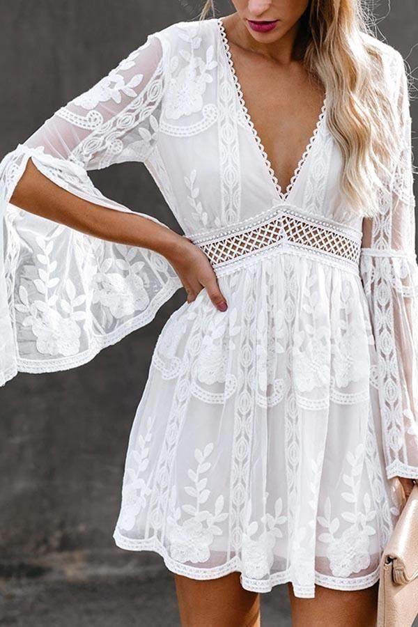 V-Neck Cutout Flared Sleeve Dress