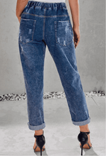 Load image into Gallery viewer, Women ripped knee loose fitting baggie jeans with white waist strap
