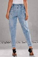 Load image into Gallery viewer, Women ripped knee loose fitting baggie jeans with white waist strap
