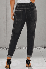 Load image into Gallery viewer, Women ripped knee loose fitting baggie jeans with white waist strap
