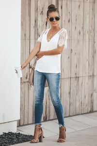 White Sweet Side Lace Short Sleeve Deep V Neck T-shirt