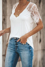 Load image into Gallery viewer, White Sweet Side Lace Short Sleeve Deep V Neck T-shirt
