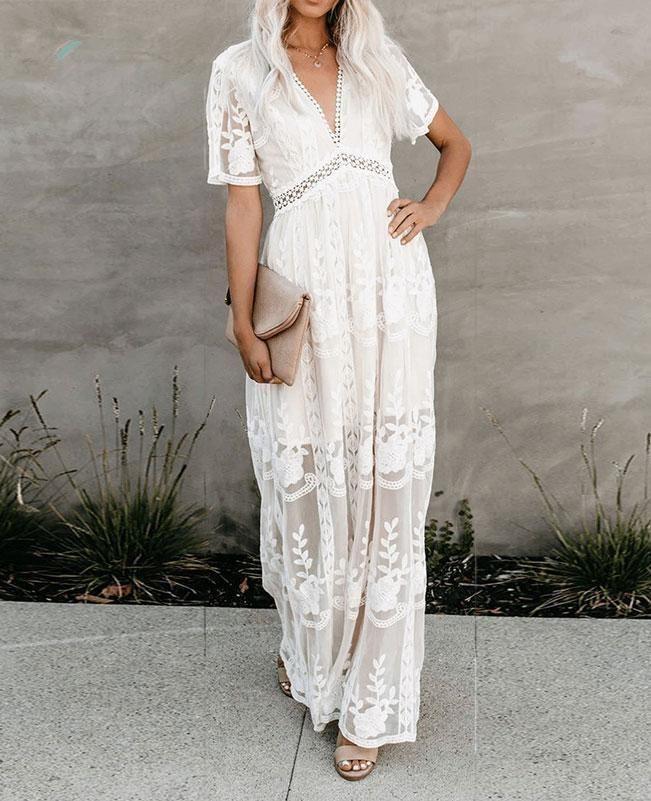 Long White Lace Boho Dress