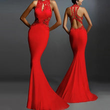 Load image into Gallery viewer, Halter Patchwork Hollow Sleeveless Mermaid Red Prom Dress
