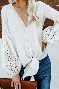 Bohemian Embroidered Balloon Sleeve Bow Tie Blouse