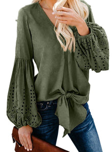 Bohemian Embroidered Balloon Sleeve Bow Tie Blouse