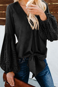 Bohemian Embroidered Balloon Sleeve Bow Tie Blouse