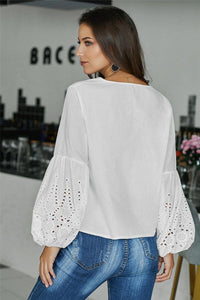 Bohemian Embroidered Balloon Sleeve Bow Tie Blouse