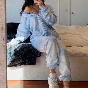 Blue Tie Dye Zip-Up Pockets Long Sleeve Two Piece Set