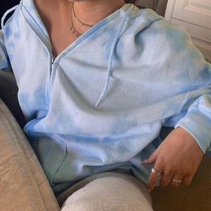 Blue Tie Dye Zip-Up Pockets Long Sleeve Two Piece Set