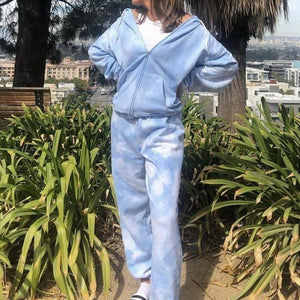 Blue Tie Dye Zip-Up Pockets Long Sleeve Two Piece Set
