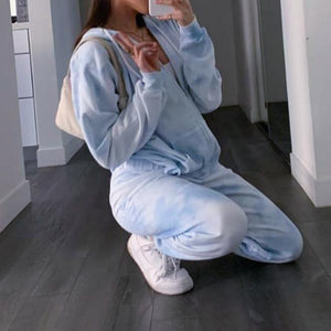 Blue Tie Dye Zip-Up Pockets Long Sleeve Two Piece Set