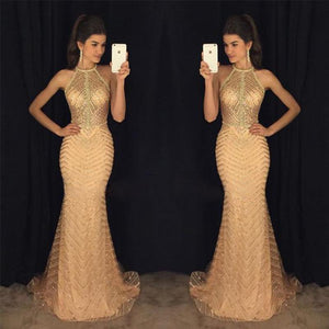 Gold V Neck Prom Dress