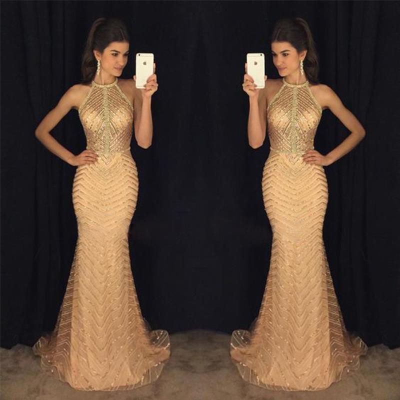 Gold V Neck Prom Dress