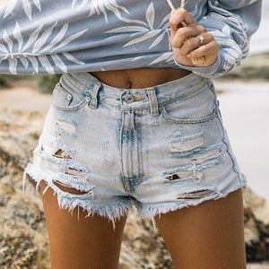 Denim Ripped Tassel Design Cutout Denim Shorts