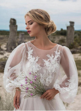 Load image into Gallery viewer, White Patchwork Lantern Sleeve Tulle  Wedding  Maxi Dress
