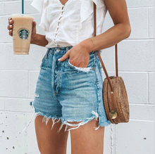 Load image into Gallery viewer, Distressed Relaxed Fit Denim Shorts in Light Blue
