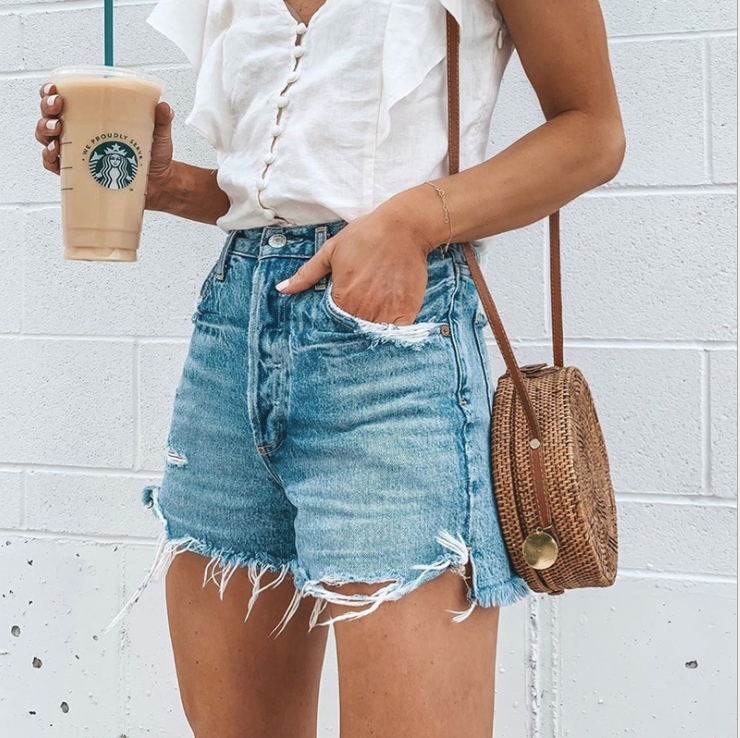 Distressed Relaxed Fit Denim Shorts in Light Blue