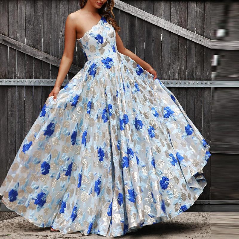 Floral Metallic Print  Fitted Bodice Ball Gown