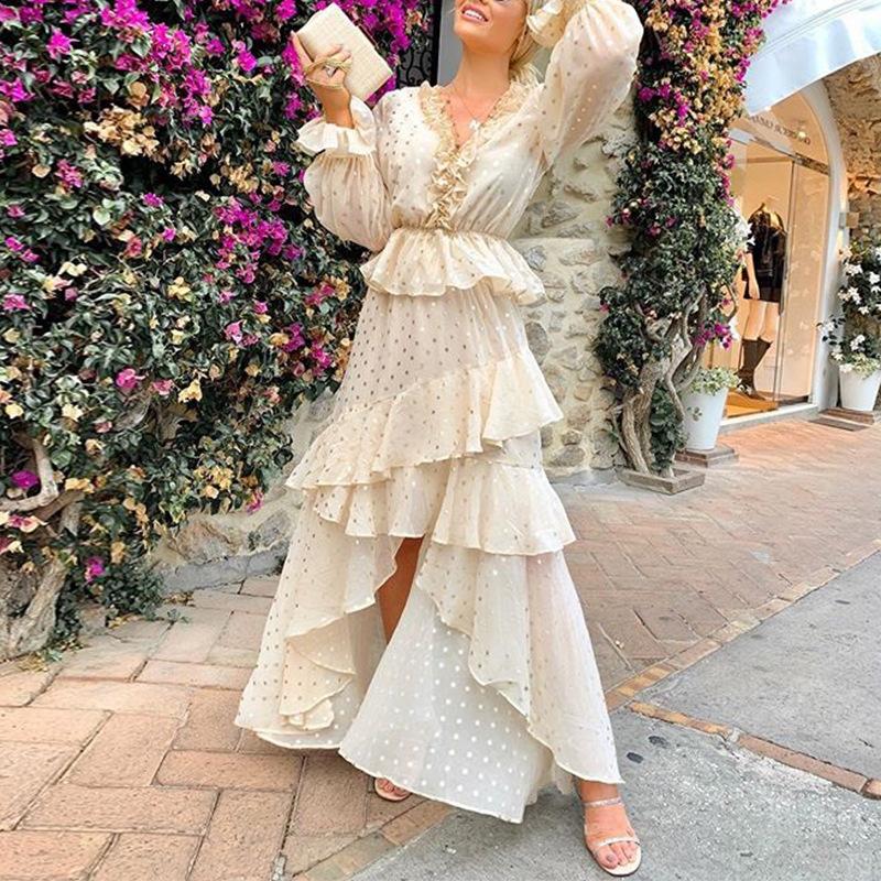 Apricot Irregular Ruffle Lantern Sleeve Maxi Dress