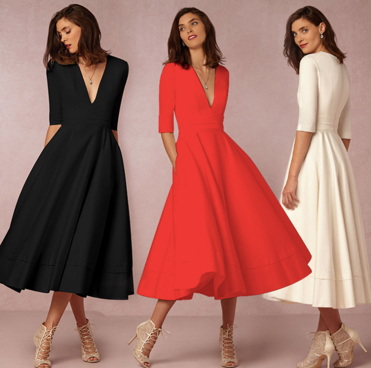 A-line V Neck Half Sleeve Midi Party Dress